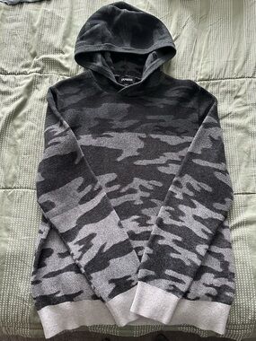 Express Men's Black and Gray Camo Hooded Sweater
